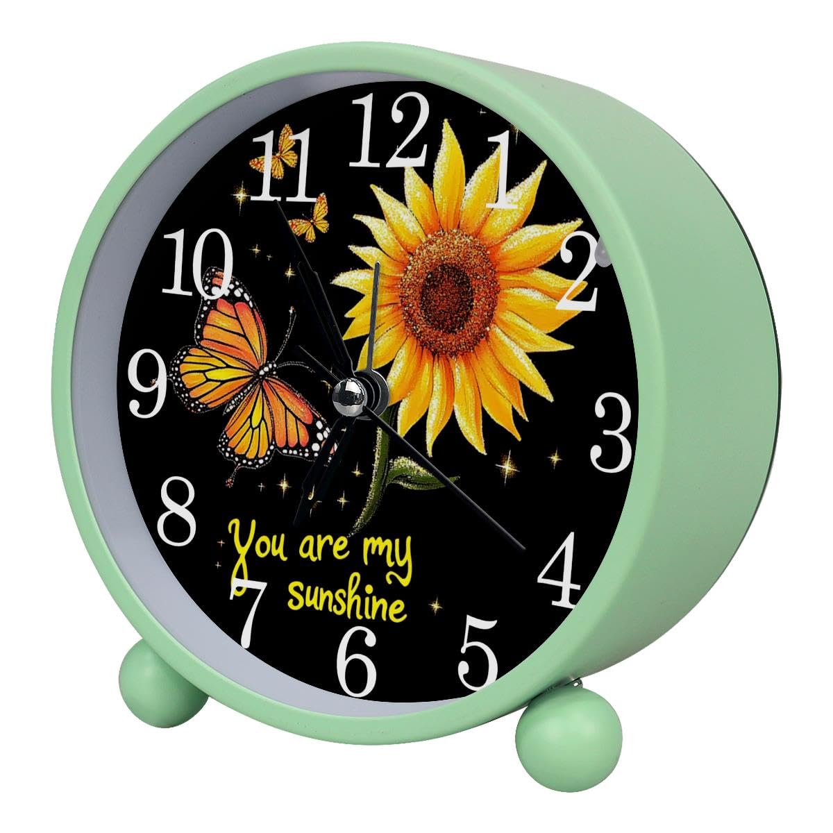 Luoweisi Alarm Clock Sunflower Butterflies, Silent Non-Ticking with Night Light, Round Metal Alarm Clock for Office, Battery Operated, Bedroom, Elderly, Adults, Children, Student Gifts