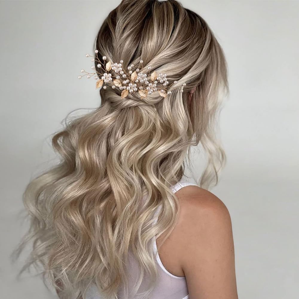 7 Pezzi Forcine Capelli Sposa Foglie Accessori Sposa Capelli Gioielli con Cristalli e Perle Accessori Nuziali a Forma Di U per Damigelle e Donne (Oro)