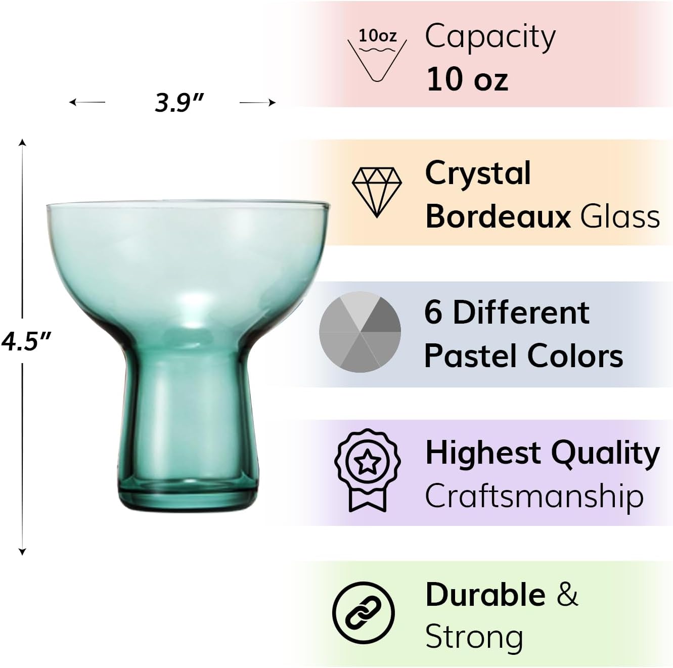 Khen Colored Vintage Art Deco Glasses - Martini, Margarita, Cocktail & Champagne Ribbed Glasses | Set of 6 | Cute Pastel Crystal Cocktails Glassware, Stemmed Glassware Gift - Margarita Coupe 10oz - Image 2