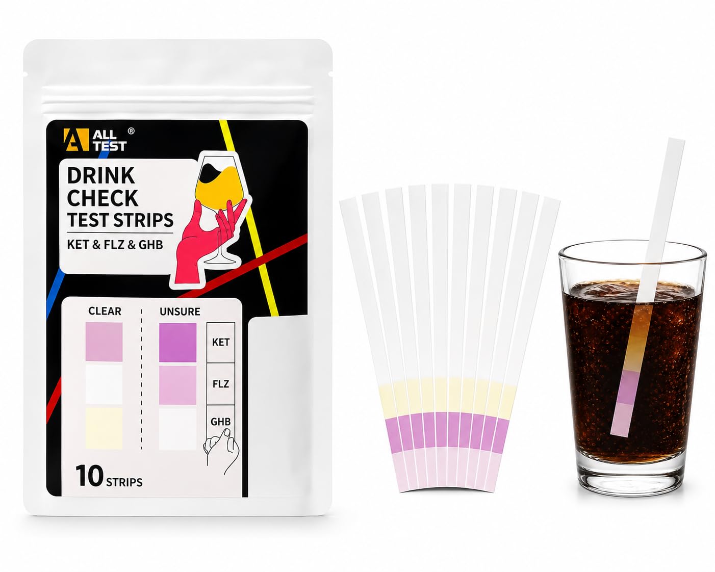 Alltest No 10 X Drink Check Test Dipsticks For Drinks, Drink Test Strips For Ketamine Ket, Ghb And Flunitrazepam Flz Detection, Drink Testing Kits For Cocktails, Glasses And Beverages, 10 Tests
