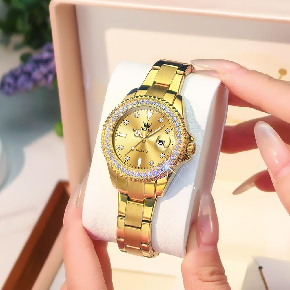 OLEVS Damen-Armbanduhr, Diamantkleid, Quarz, analog, weibliche Uhren, Edelstahl, zweifarbig, wasserdicht, Leuchtend, Tag und Datum, Geschenk