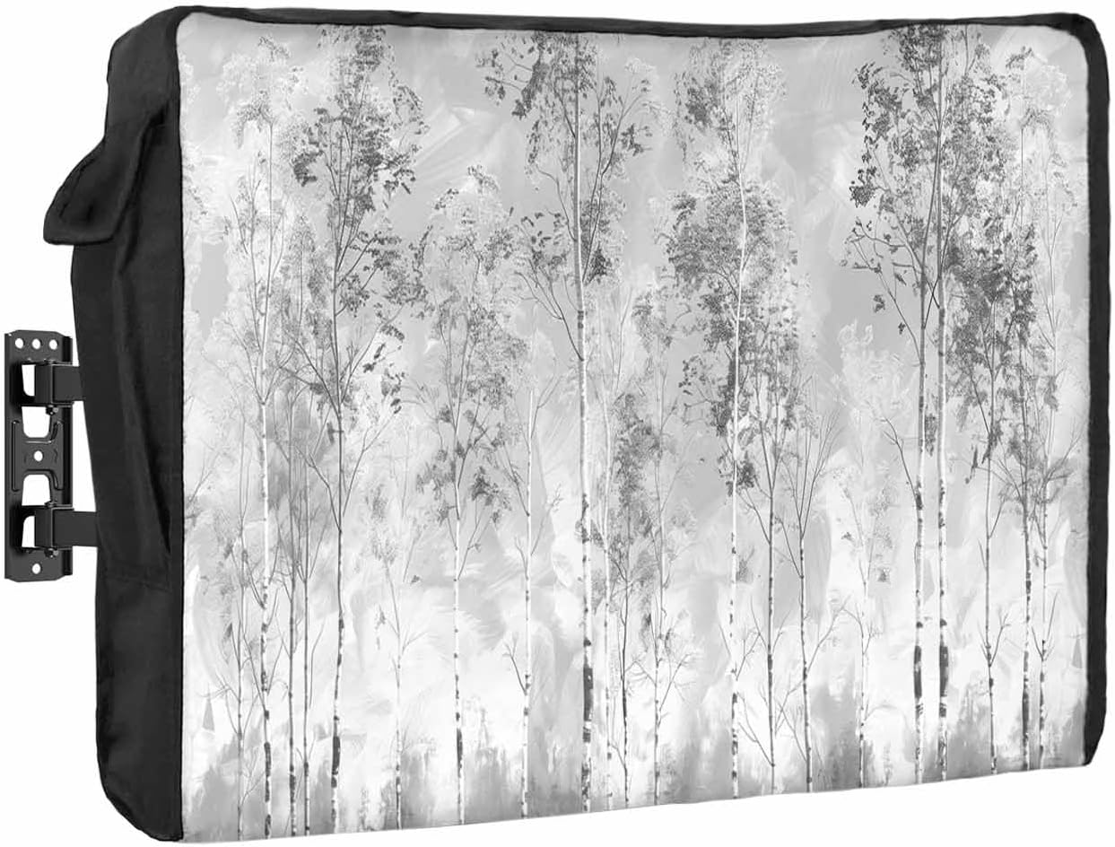 Outdoor TV Cover Gray Oil Painting Birch Forest Pattern Waterproof and Weatherproof 48"-50" LCD Movable Shield TV Display Screen Protector Outside Television Covers