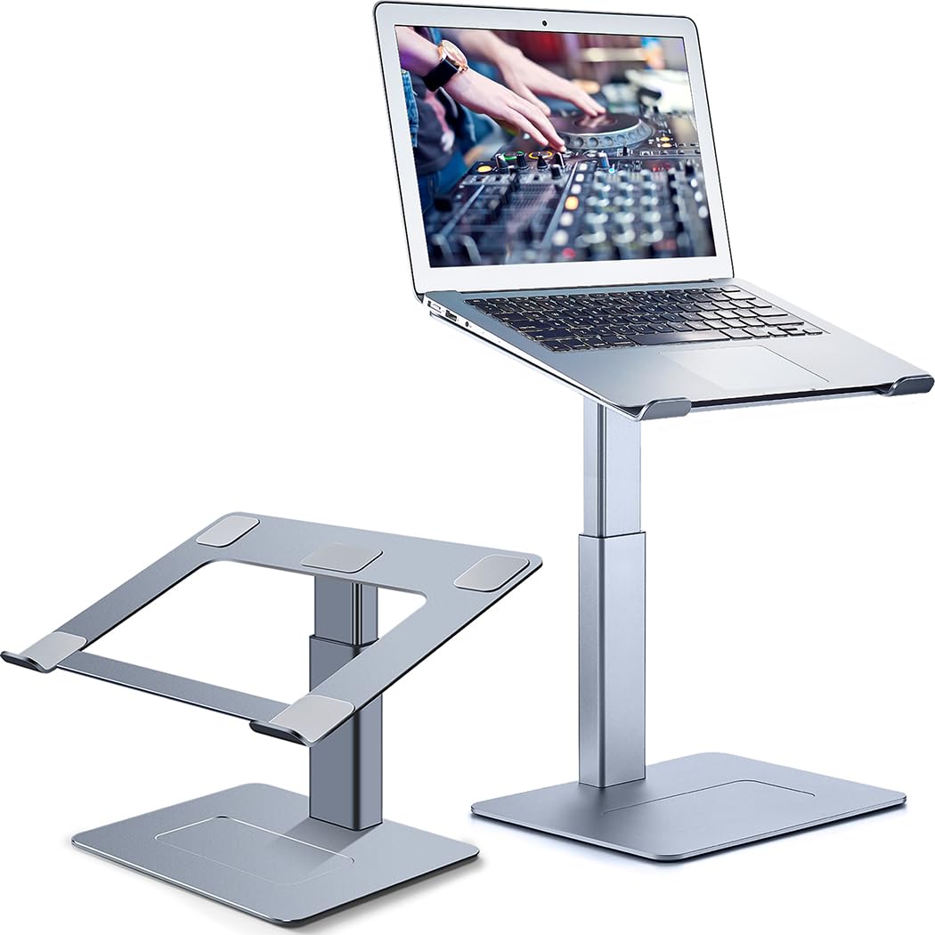 Support PC Portable Assis Debout Ergonomique - 16 Niveaux Hauteur pour DJ, Télétravail, Visioconférence - Compatible Ordinateurs 13-16 Pouces, Gris