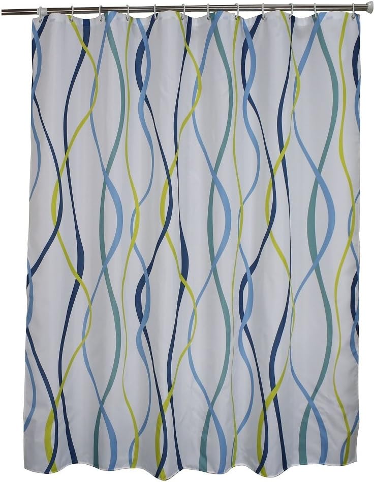 Extra Long Shower Curtain 72 x 78 Inch, Modern Wavy Striped Fabric Shower Curtain for Bathroom Decor, White, Blue, Turquoise, Light Green