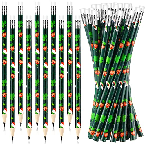 St. Patrick's Day Pencils, Irish Pencils for Students Green Pencils Shamrock Woodcase Pencils with Erasers Assorted Patterns Wood Pencils for Kids Party Classroom Office Supplies (50 Pieces)