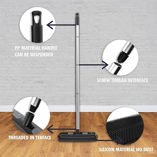 Miniatura 4 de Juego de escoba expandible de cerdas de goma con recogedor y cepillo de goma de mano para limpieza de superficies, eliminación de pelo de mascotas y