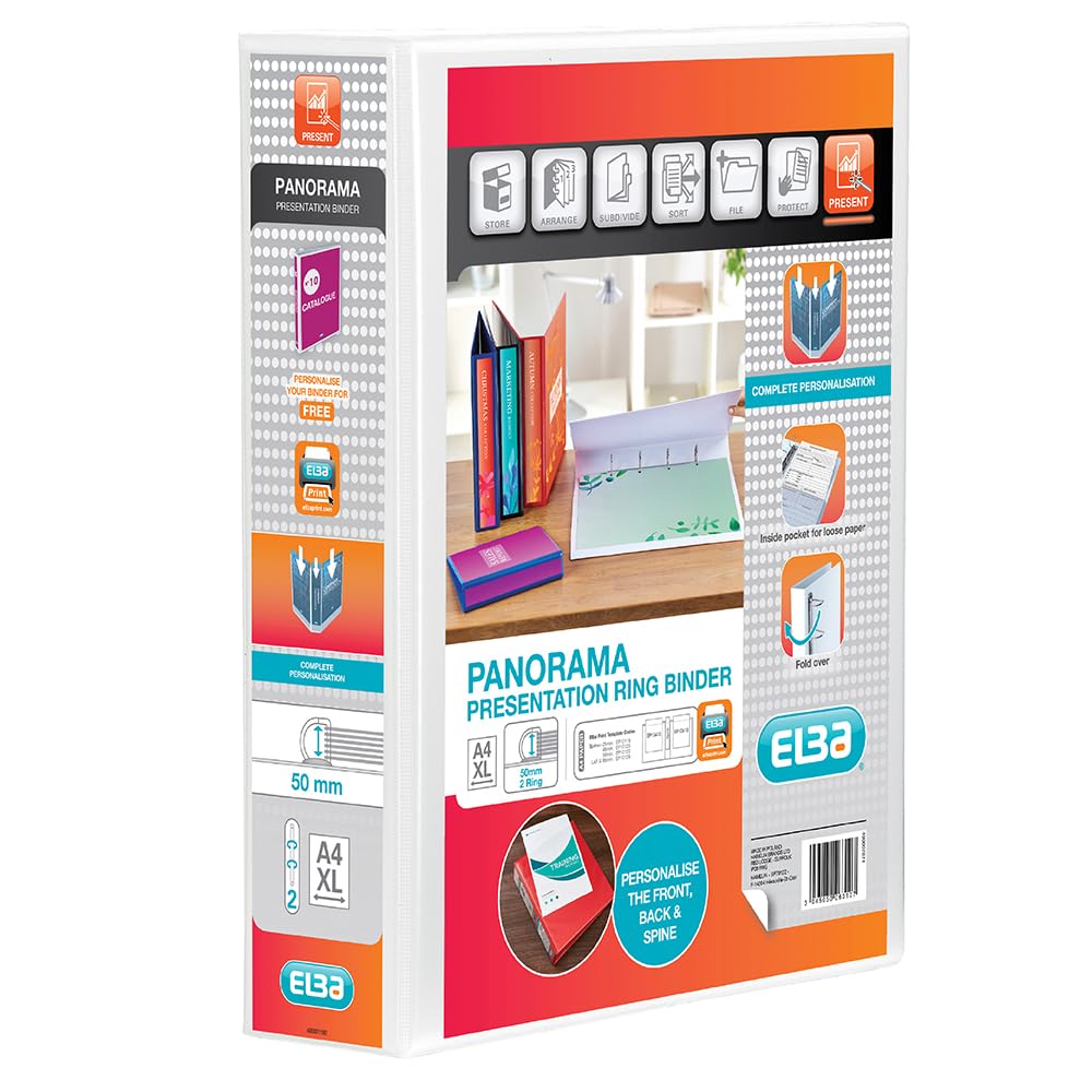 Elba A4 2 D-Ring Binder, 50mm capacity, 70mm spine, Presentation Folder with Customisable Cover, Portrait, White (Single)