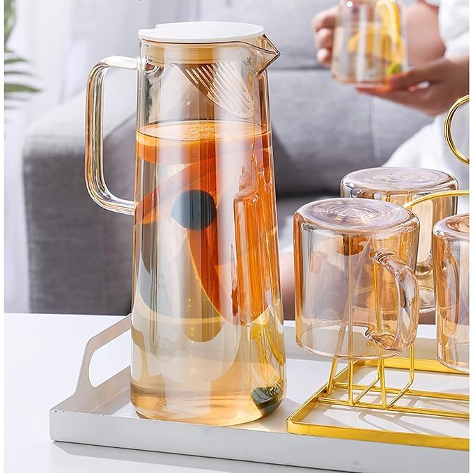 Image of Bellemax Premium Juice and Water Brown Glass Pitcher jug with Lid and 1.8 Liter Style jug with Handle Water, ice Lemon Tea, Milk and Juice Beverage (Brown) (BX-10)