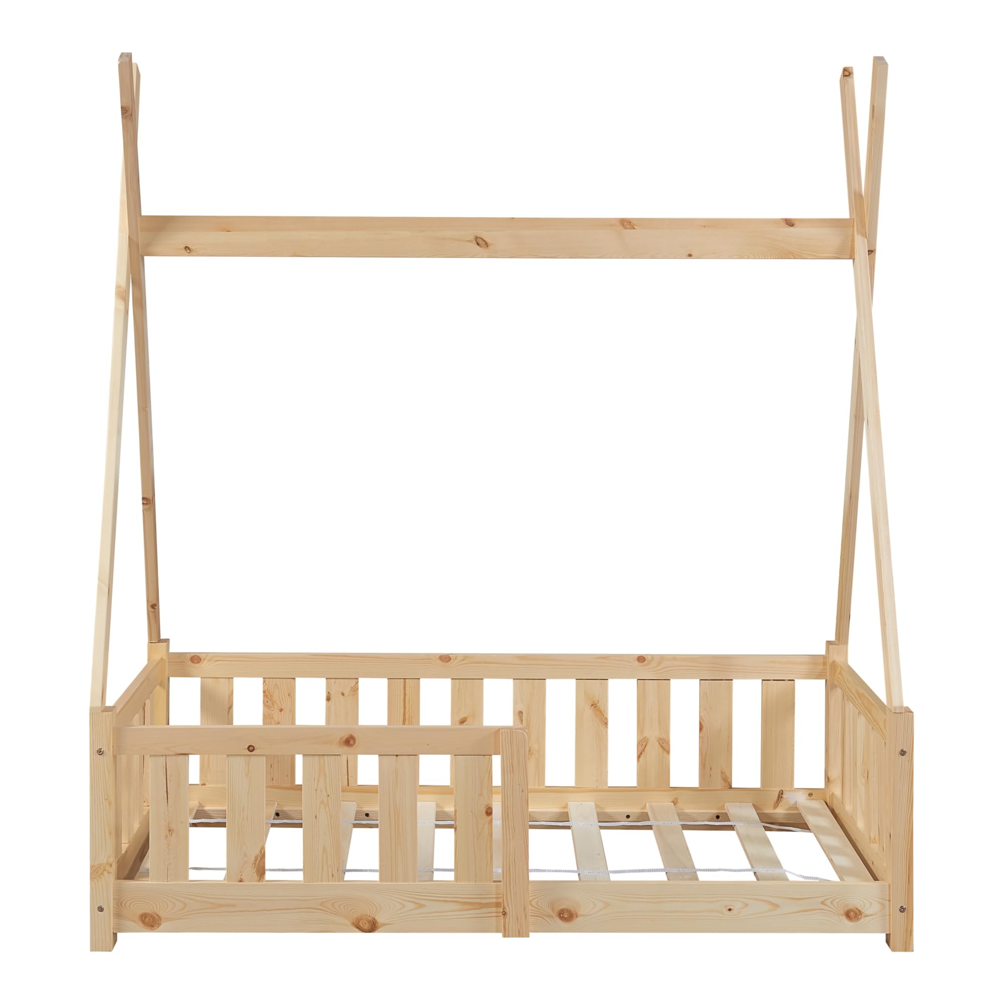 [en.casa] Cama para Niños Helsingborg Pequeños Estructura Tipi Indio Cama Montessori con Somier Cama Infantil con reja de Seguridad Carga máx. 80 kg Madera Pino 70 x 140 cm - Natural