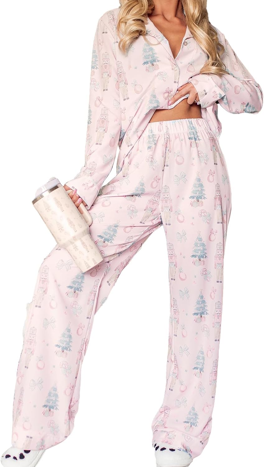 Argeousgor Women Christmas Pajamas Satin Pajama Set 2 Piece Long Sleeve Button Down Silky PJ Pants Loungewear Sleepwear