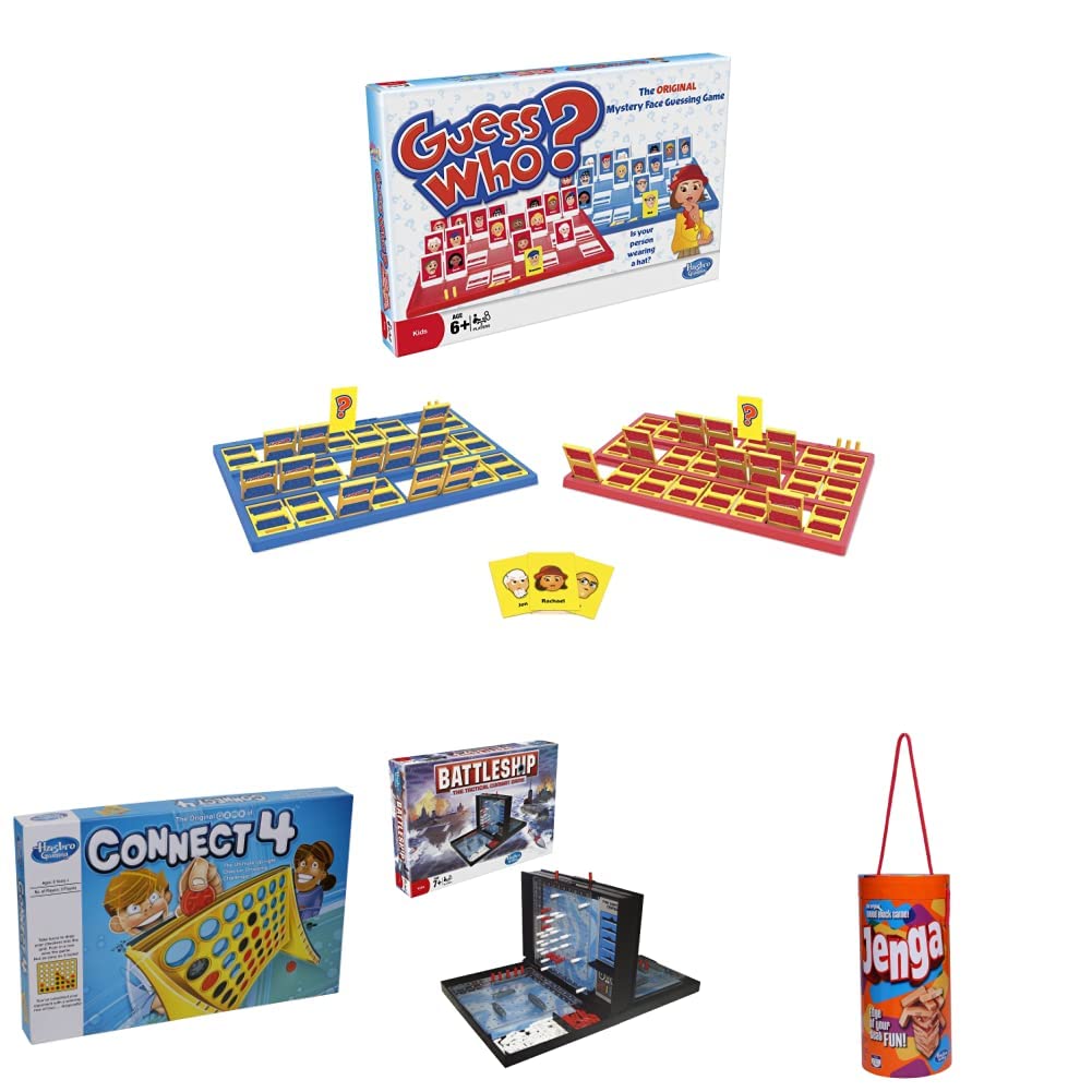 Hasbro Guess Who? Game+The Classic Game of Connect 4, Grid, Get 4 in A Row Strategy Game+Battleship Board Game Classic Strategy Game+Jenga Tube Pack Hardwood Blocks Stacking Tower Game-(Set of 4Toys)