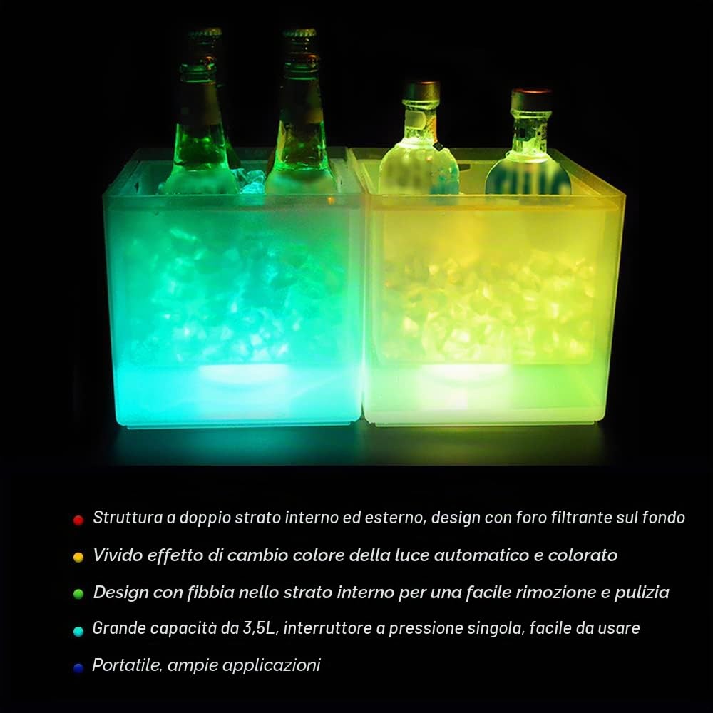 Kavolet Secchiello per Ghiaccio LED da 3,5 l, Lampada a Secchio Ice Quadrato, Colore Cambia automaticamente, Refrigeratore per Bevande, per Casa, Matrimoni, Feste, Bar, Birra, Vino, Champagne