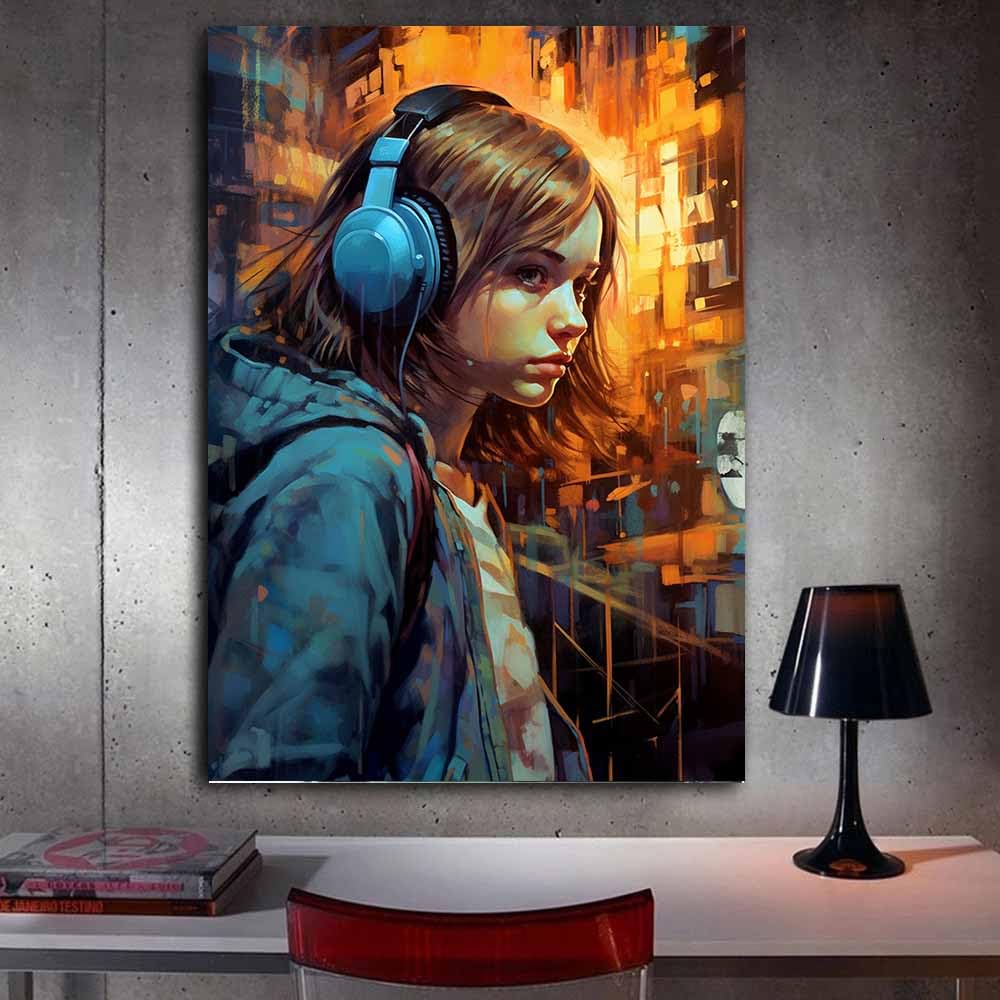TERUEA Quadro su Tela arte Stampe da Parete, Amante Musica Astratto Cuffie ritratto, immagine femminile per camera da letto delle(Blu)-60x90cm Incorniciato