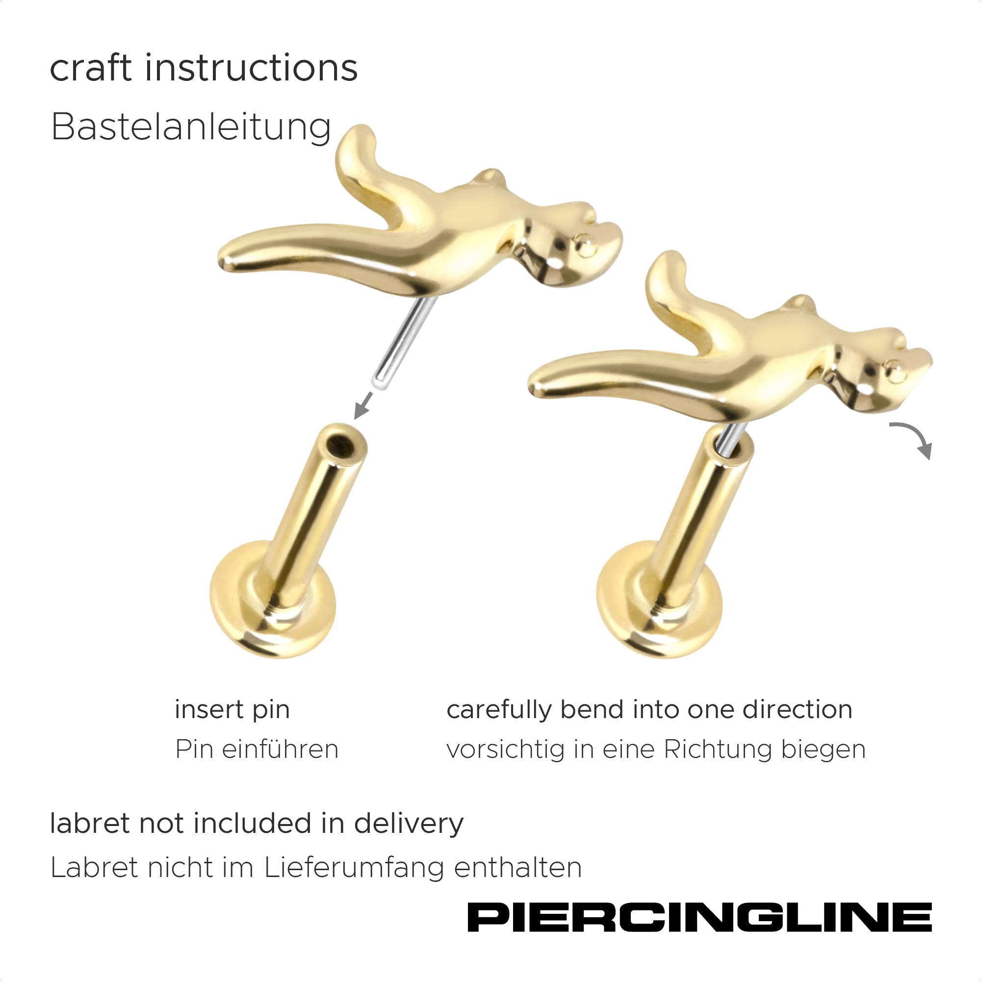 PIERCINGLINE 14 Karat Gold Piercing Aufsatz mit Titan Push Pin OHNE Labret Stecker DINOSAURIER