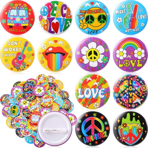 Image of Yinkin 1.7 in 60's Hippie Button Pins Bulk for Decorating Backpack Bags Hats Jean Hippie Party Favors Accessories 12 Style
