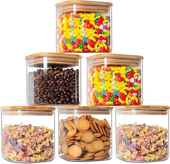 Jinelza Glass Canisters Food Storage Containers Set With Airtight Bamboo Wooden Lids - Food Storage Glass Jar for Candy, Cookie, Rice, Sugar, Flour, Pasta, Nuts (700ML SQUARE JAR, 6 PCS)