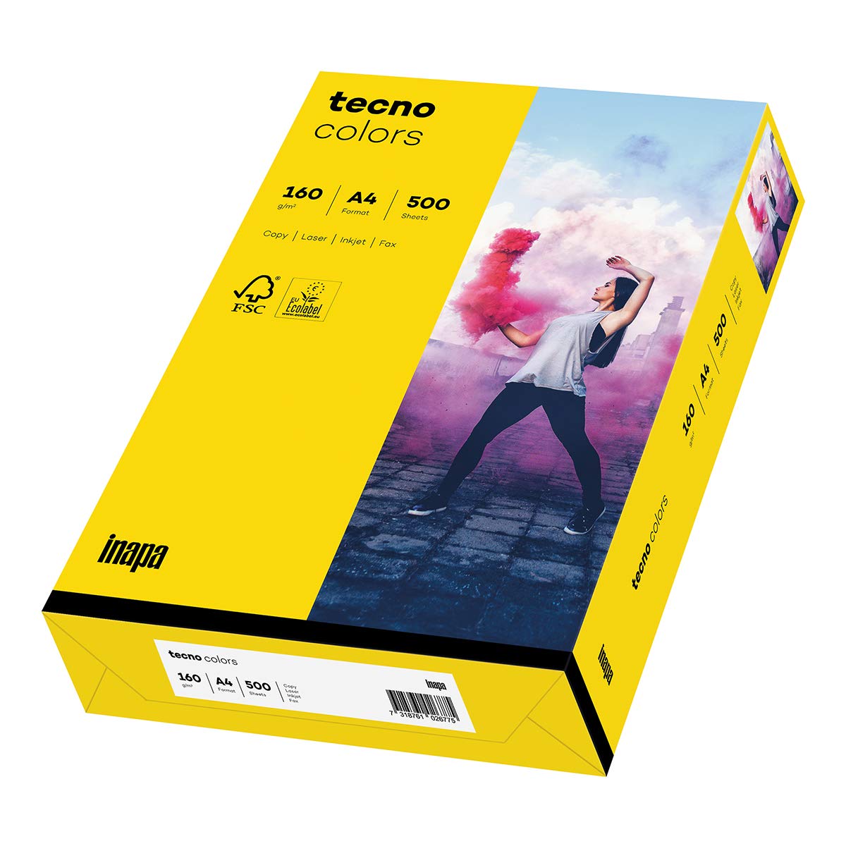 inapa farbiges Druckerpapier, buntes Papier tecno Colors: 160 g/m², A4, 1.250 Blatt (5x250), intensivgelb
