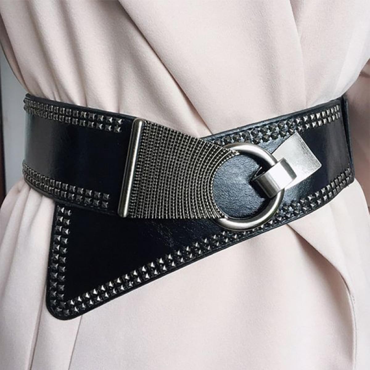 LumiSyne Wide Elastic Belt Women Punk Rivet Belt Oblique Hook Buckle Leather Waist Belt Retro Cinch Belt For Dress Shirt Coat