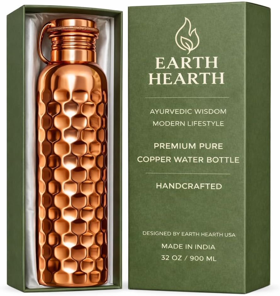 Premium Pure Copper Water Bottle – 32oz Honeycomb Design (Smooth Edge) – Leak-Proof Ayurvedic Copper Vessel for Daily Hydration – Handcrafted & Eco-Friendly