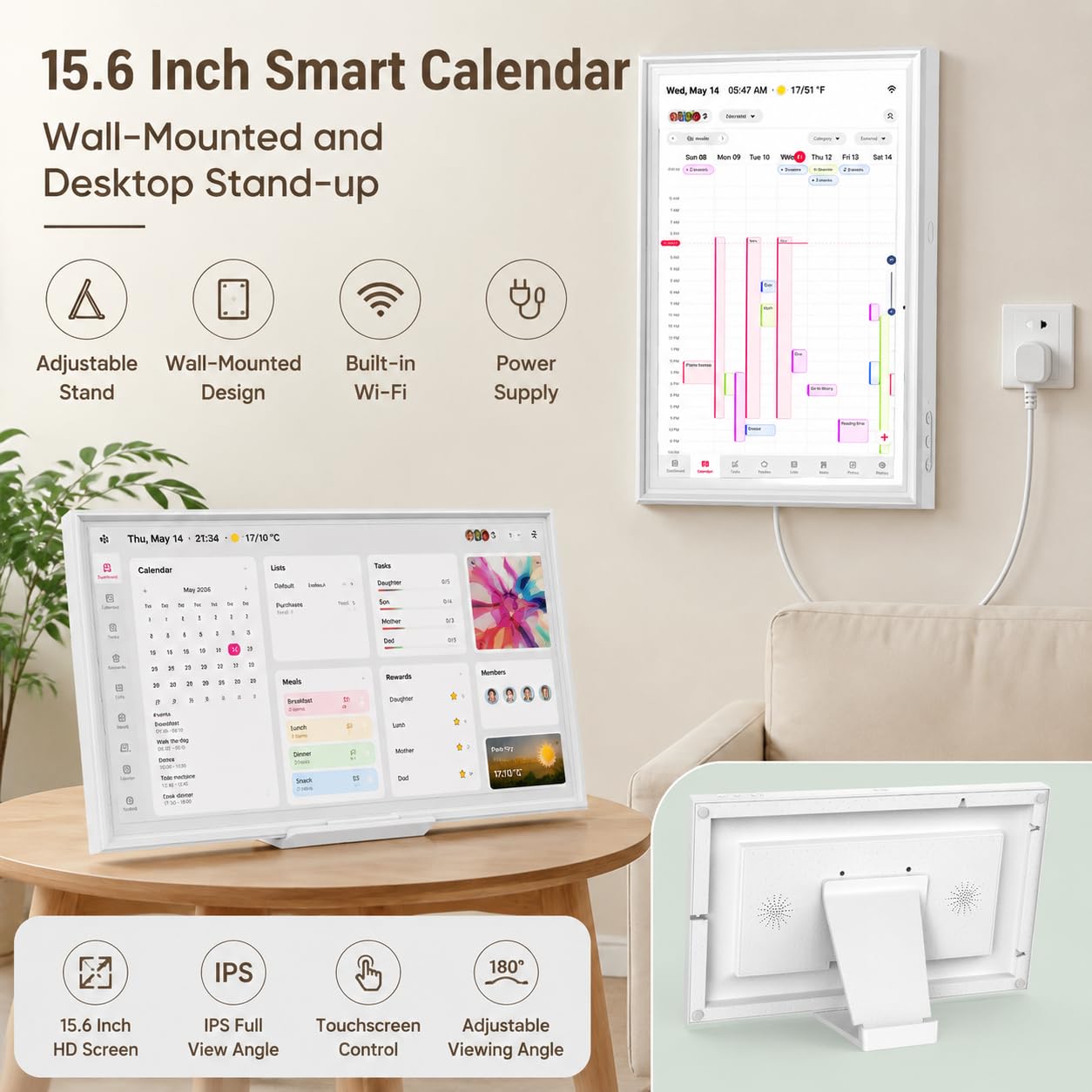 EHFiDC Digitaler Kalender und intelligenter Familien-Organizer, 1920 x 1080P FHD IPS-Touchscreen-Display, Wand-/Schreibtischmontage, WiFi-Synchronisation mit Google-Kalender, Aufgabendiagramm
