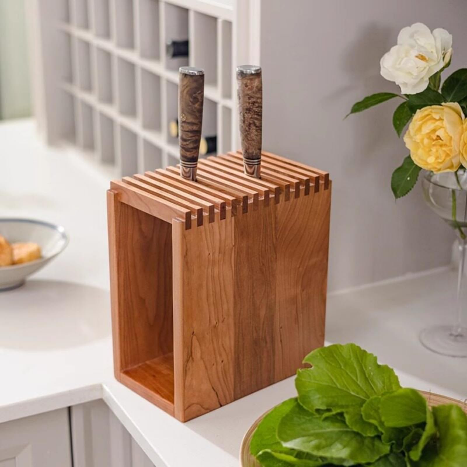 Organizador de Utensilios de Cocina Portacuchillos Bloque Soporte Estante de Encimera de Madera de Cerezo Estructura, 29cm X 29cm X 10cm, Soporte Inclinado De 3 Ranuras De Madera Maciza