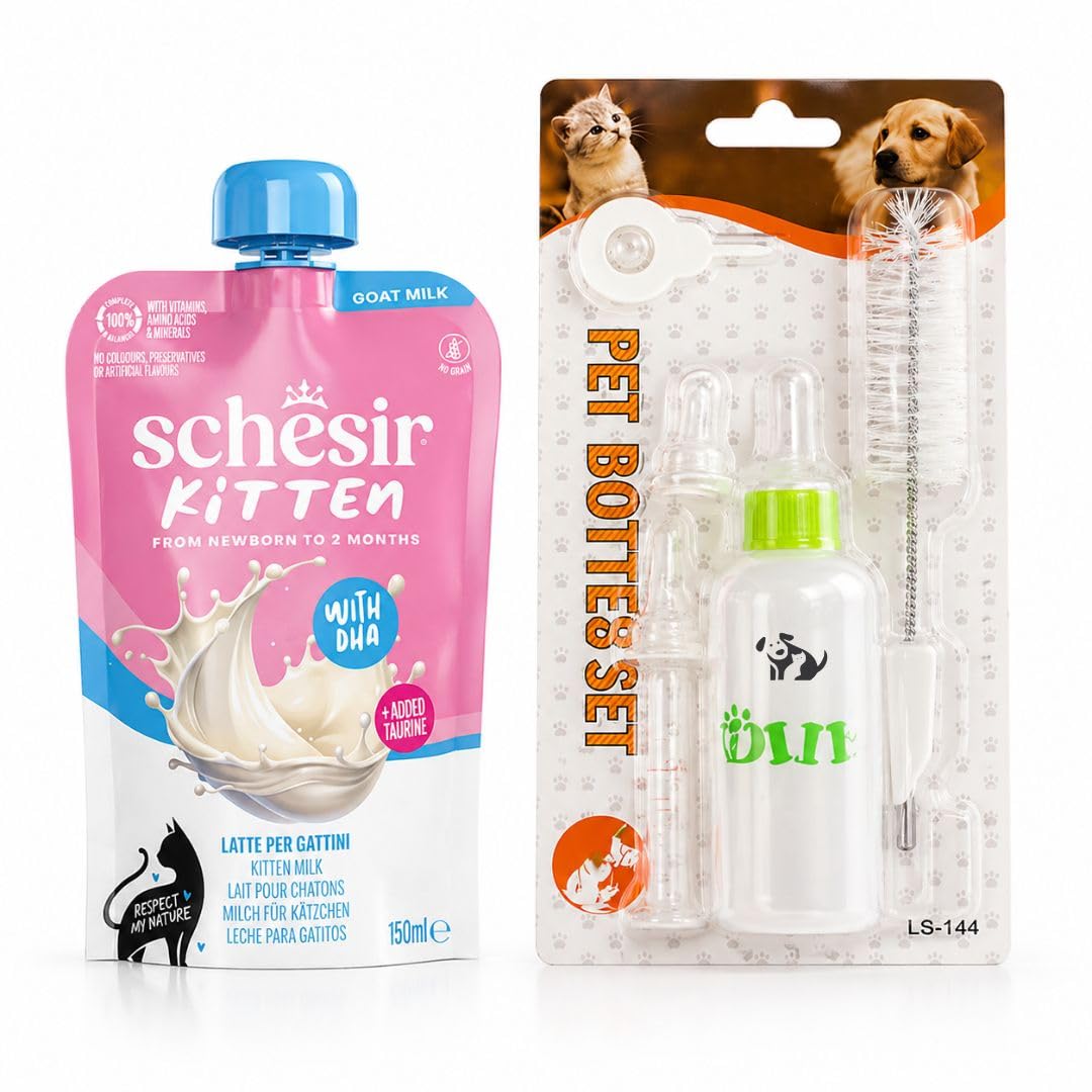 ANIMALUJOS - Kit Lactancia Gatitos con 6xLeche de Cabra Schesir 150ml Incluye Biberón Tetina Cepillo, Alimento Completo Sin Cereales con DHA Taurina para Cachorros Recién Nacidos