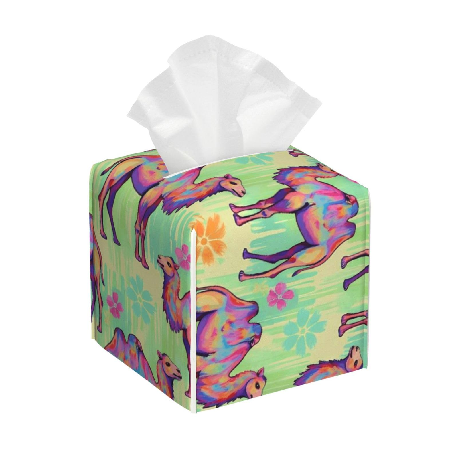 Llama Alpaca Camels Watercolor Painting Leather Tissue Box Cover Holder Square Facial Paper Organizer 5.2" X 5.2" X 5.2"