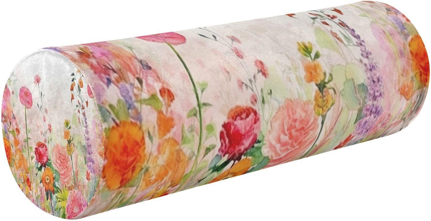 Watercolour Flower Bolster Pillow, Round Pillow for Bed with Removable Washable Cover, Cylinder Pillows for Head, Neck, Back and Legs Cervical Neck Pillow Sleeping 5.5 x 17 Inch