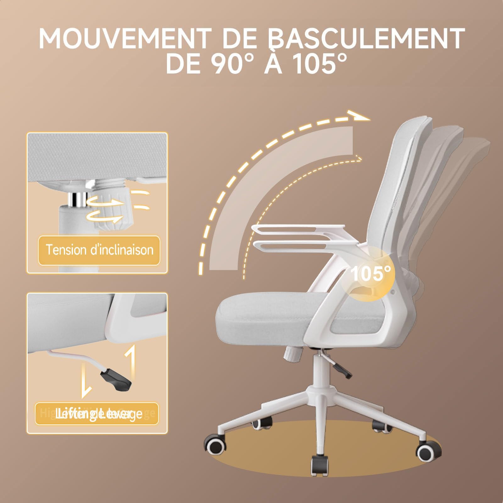 rattantree Chaise de Bureau Ergonomique pour la Maison et Le Bureau, Gris | Accoudoirs Pliables à 90°, Soutien Lombaire, Dossier Inclinable, Hauteur Réglable