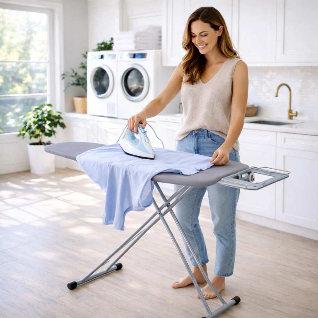 Tabla de Planchar Grande y Plegable con Altura Regulable Desde 70 a 90cm | 120x35cm | Estructura metálica | Soporte de Plancha Antideslizante | Funda rellena de algodón Resistente al Calor | Ligera
