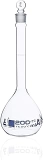 EISCO Volumetric Flask, 200Ml - Class A, ASTM - Tolerance ±0.100 Ml - Glass Stopper - Single, White Graduation, Blue Printed Specifications - Borosilicate Glass - Eisco Labs Only with Terminals