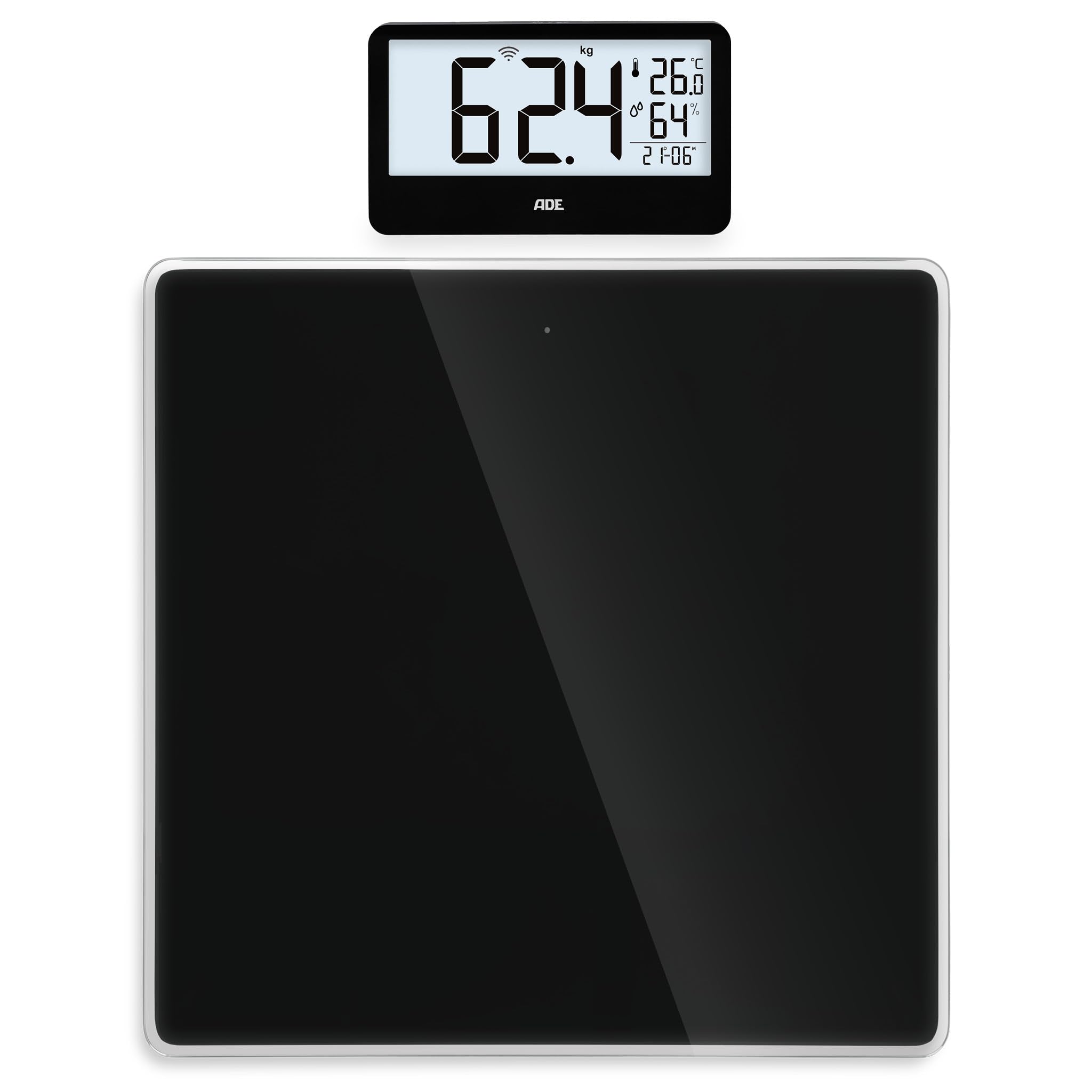 ADE Balance pèse-personne numérique avec écran externe | pour personnes jusqu'à 180kg | poids lisible à hauteur des yeux | balance pour seniors | avec horloge, hygromètre, thermomètre intérieur | Noir