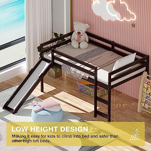 Nafort Twin Loft Bed With Slide, Low Loft Bed With Stairs, Solid Wood Twin Loft Bed Frame For Girls Boys With Climbing Ladders Guard Rails And Slat Support - Espresso #TOP2