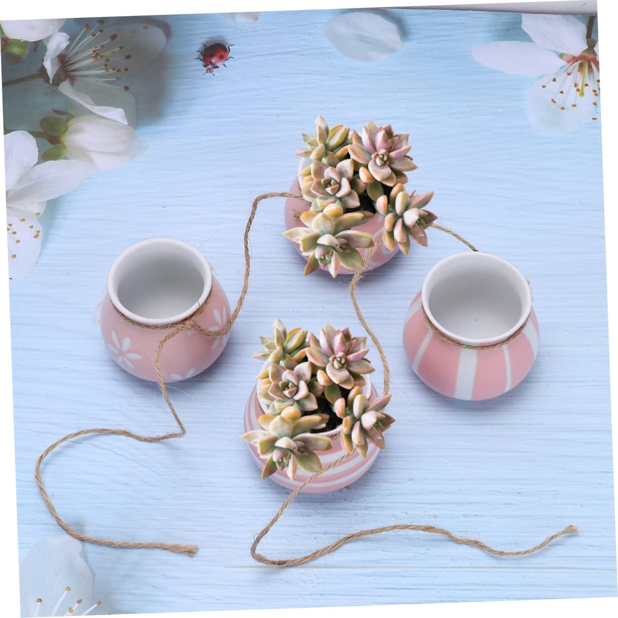 4pcs Hanging Cute Ceramic Pots with Jute Rope for Wall or Ceiling Mount for Balcony Windowsill Home Decor Breathable Design with Drainage