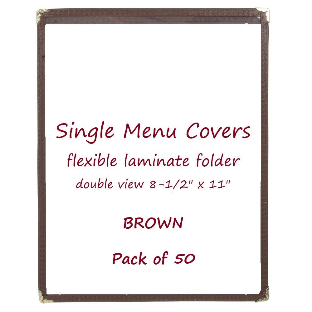 (Pack of 50) Single Menu Covers Laminate Plastic One Page Restaurant Menu Covers Brown Double Stitched with Gold Decorative Corners Commercial Quality Size 8-1/2 x 11