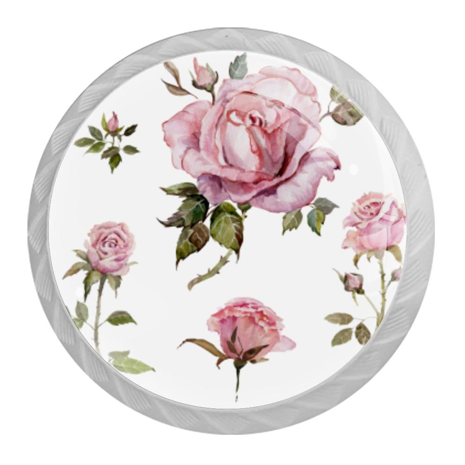 Tqmspg Multi04 4 Pieces Drawer Pulls Pink Flower Door Knobs Dresser Handles For Kitchen Wardrobe Cupboard Hardware Furniture