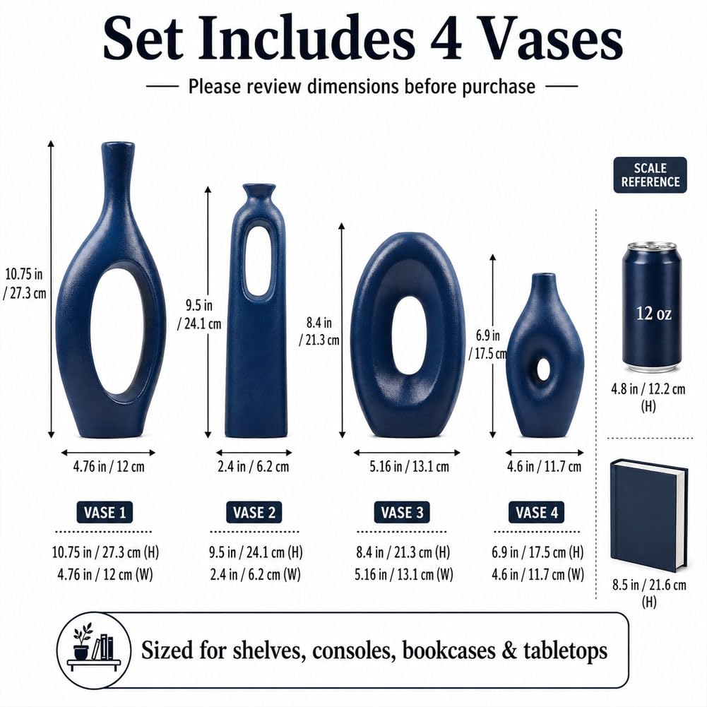 Blaue Keramikvase, 4er-Set – runde, Hohle Boho-Vasen für Pampasgras- und Blumendekoration, Moderne, minimalistische kleine Vasen für Wohnzimmer, Schlafzimmer, Kamin und Tafelaufsätze