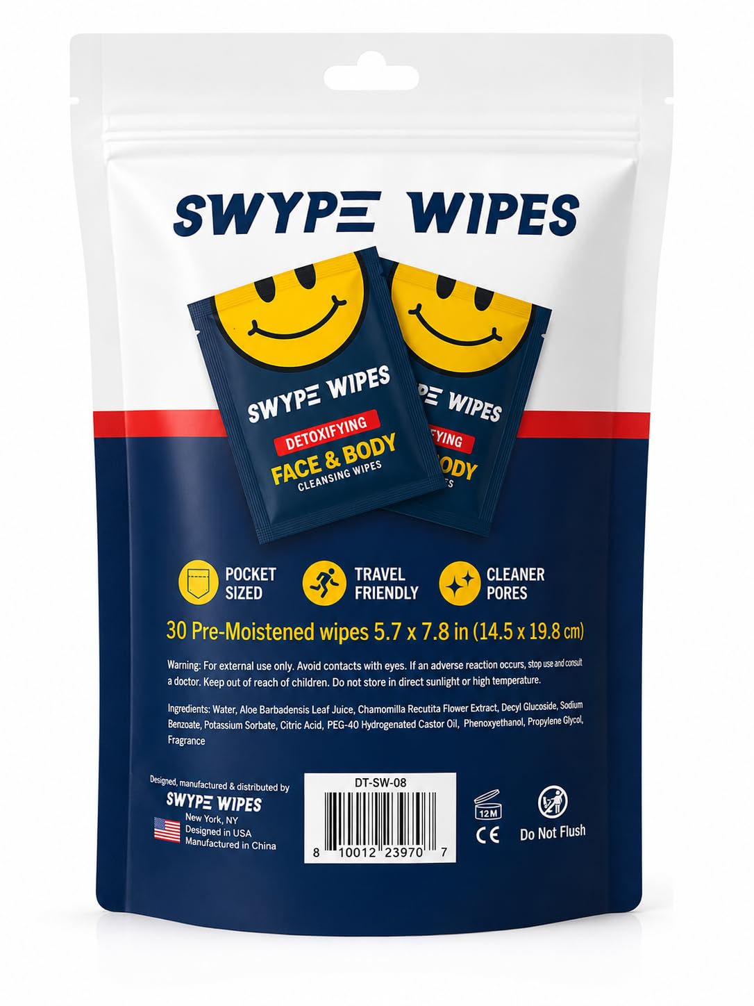 Detoxifying Face & Body Cleansing Wipes, Fragrance Free, Alcohol Free, Travel Friendly, 30 Count