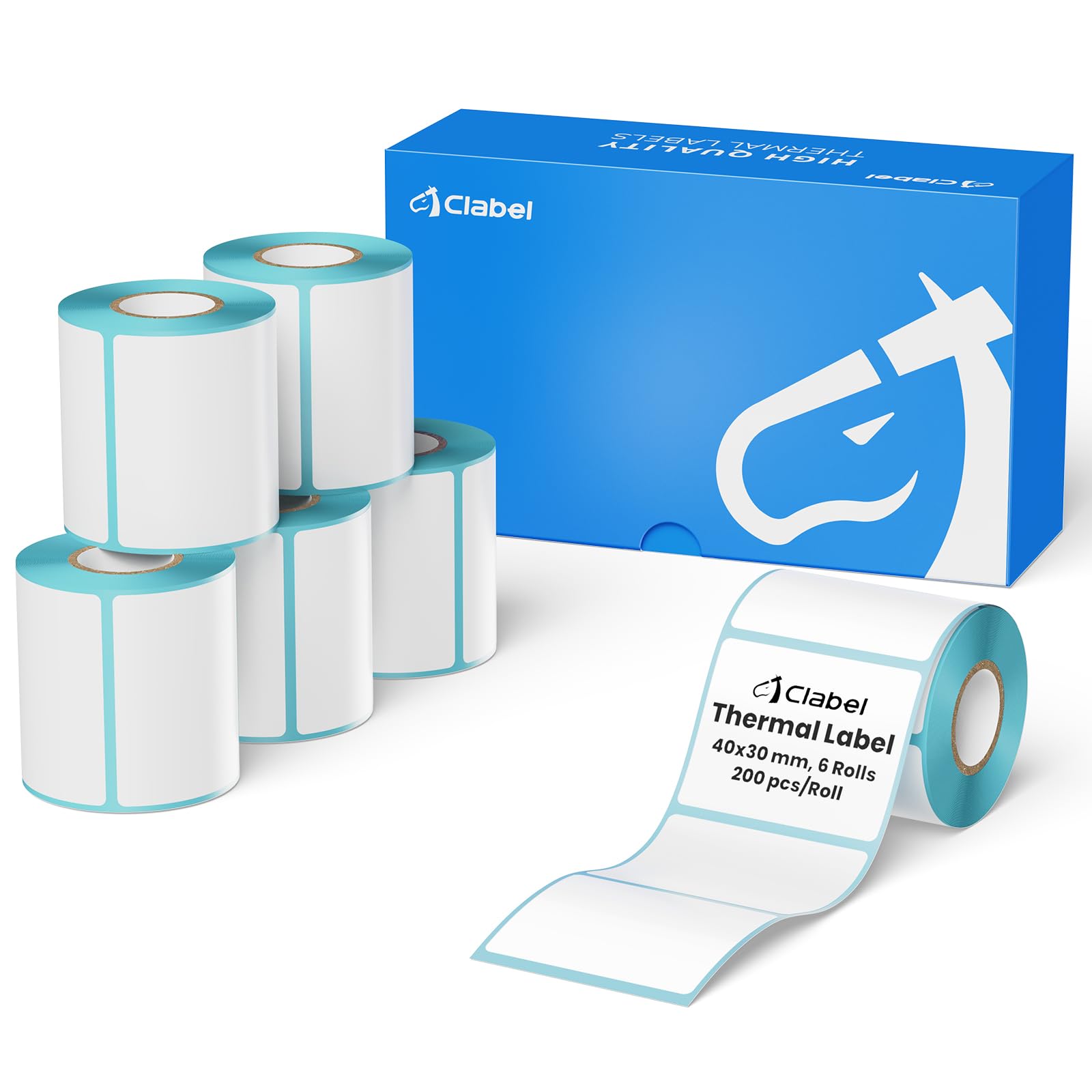 CLABEL 6 rotoli di nastro bianco per stampante 221B 221B 230B e 320B, etichette termiche autoadesive per etichettatrice, nastro di ricambio adatto per casa, ufficio, scuola (40 x 30 mm)