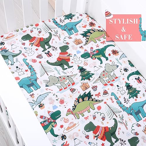 Image of JISEN Baby Crib Sheet 1 Piece Portable Fitted Crib Sheet for Standard Crib and Toddler Mattresses Nursery Bed Decor for Boys Girls 28x52 Christmas Dinosaurs