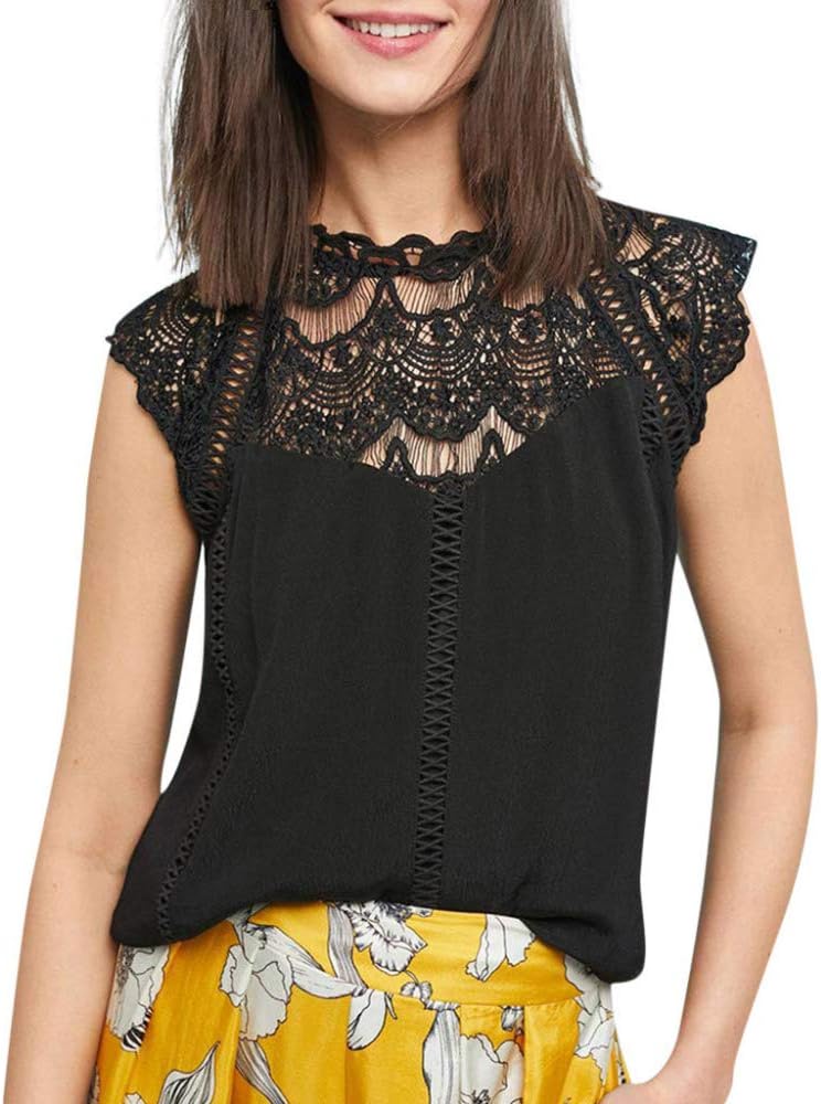 WDFSER Summer Women Lace Solid Sleeveless Hollow T Shirt Tops Shirt Korea Style Women Shirts Hollow Casual Chiffon T-Shirt