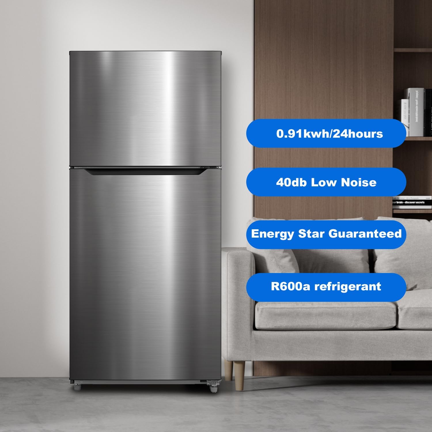 SMETA 30'' Top Mount Refrigerator with Freezer, 16.2 Cu. Ft. Stainless Steel 2-Door Counter Depth Fridge, Energy Saving, Ice Maker Ready, Reversible Door, Frost Free, Ideal for Garage & Office