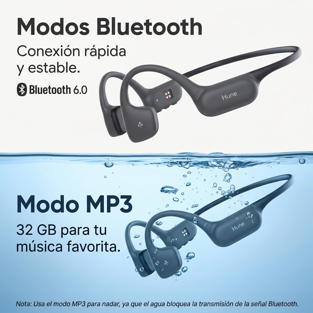 HUNE Ola - Cuffie a conduzione ossea, IP68, per nuoto e corsa, Bluetooth 6, orecchio aperto, autonomia 9h, ricarica rapida, memoria da 32 GB, plastica riciclata