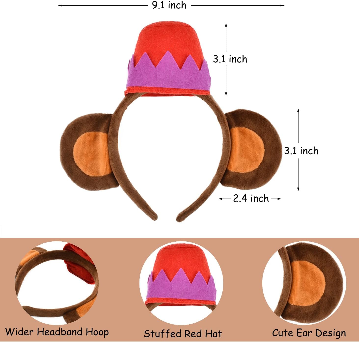 Monkey Costume Accessory Set, Headband with Ears and Hat, Bow Tie, Tail, Brown and Red, 3-Piece - Image 2
