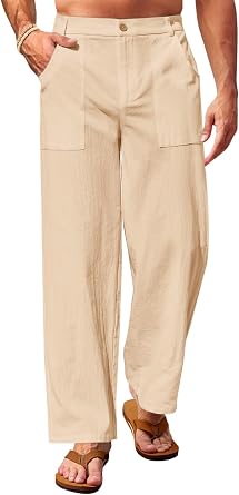 Runcati Mens Casual Linen Pants Elastic Waist Lightweight Becah Trousers