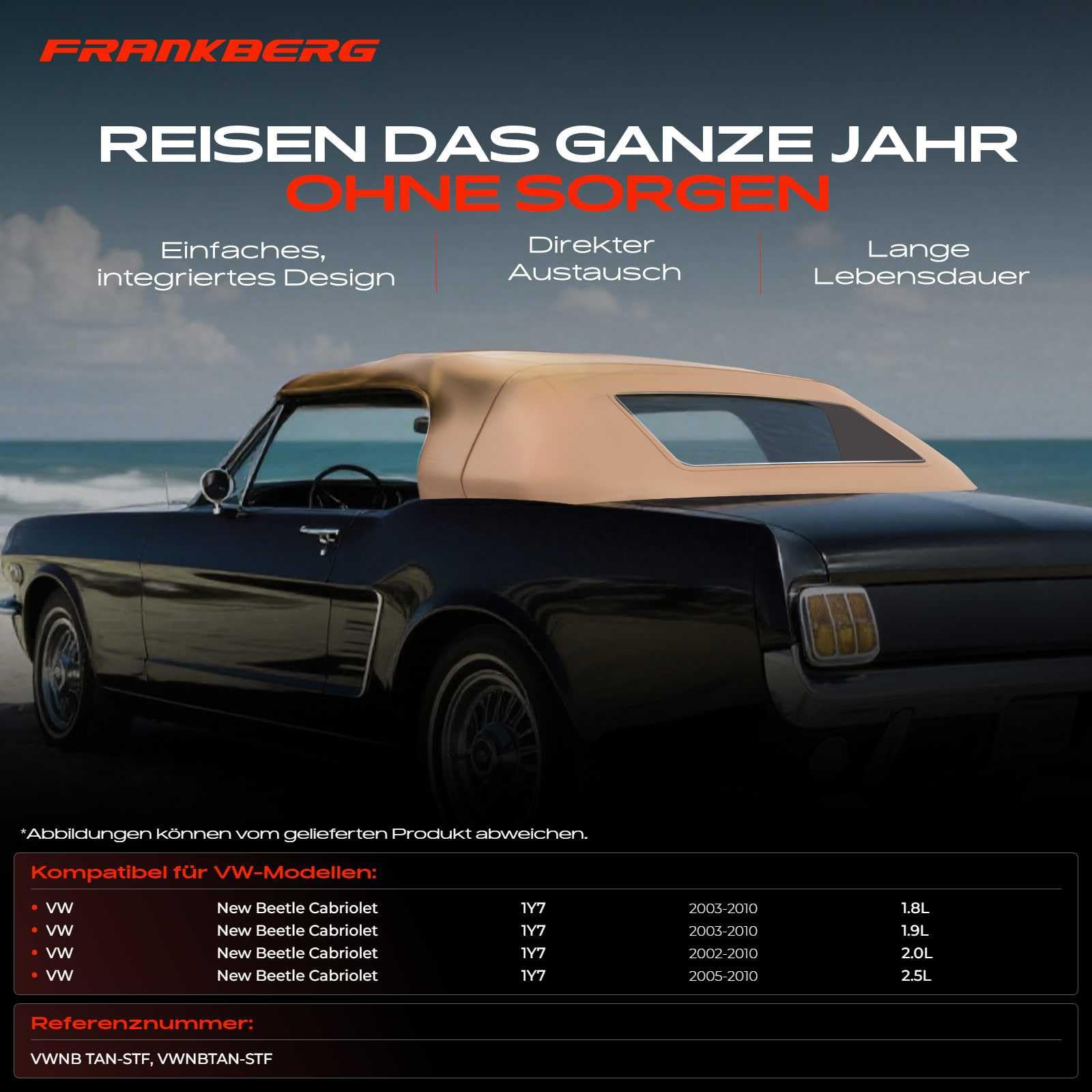 Frankberg Cabrioverdeck Softtop Verdeckbezug Braun Kompatibel mit New Beetle Cabriolet 1Y7 1.8L-2.5L 2002-2010 Replace# VWNB TAN-STF