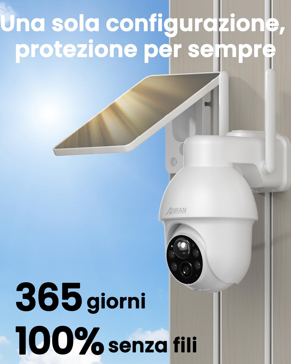 ANRAN 2K Telecamera Sorveglianza Esterno WiFi Solare con Pannello 2 Pezzi | 360° PTZ Rotante, Audio Bidirezionale, Rilevazione di Movimento PIR con Allarme