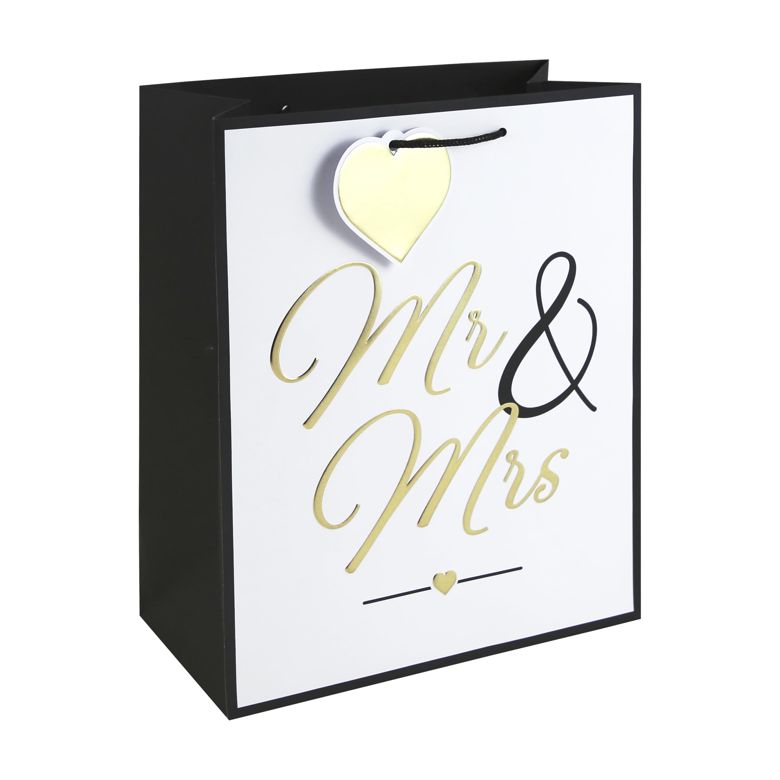 Eurowrap Mr & Mrs Large Gift Bag – Black & White Wedding Present Bag with Embossed Foil Textured White Kraft Paper & Paper Woven Handles – Premium Gift Packaging for Weddings & Anniversaries