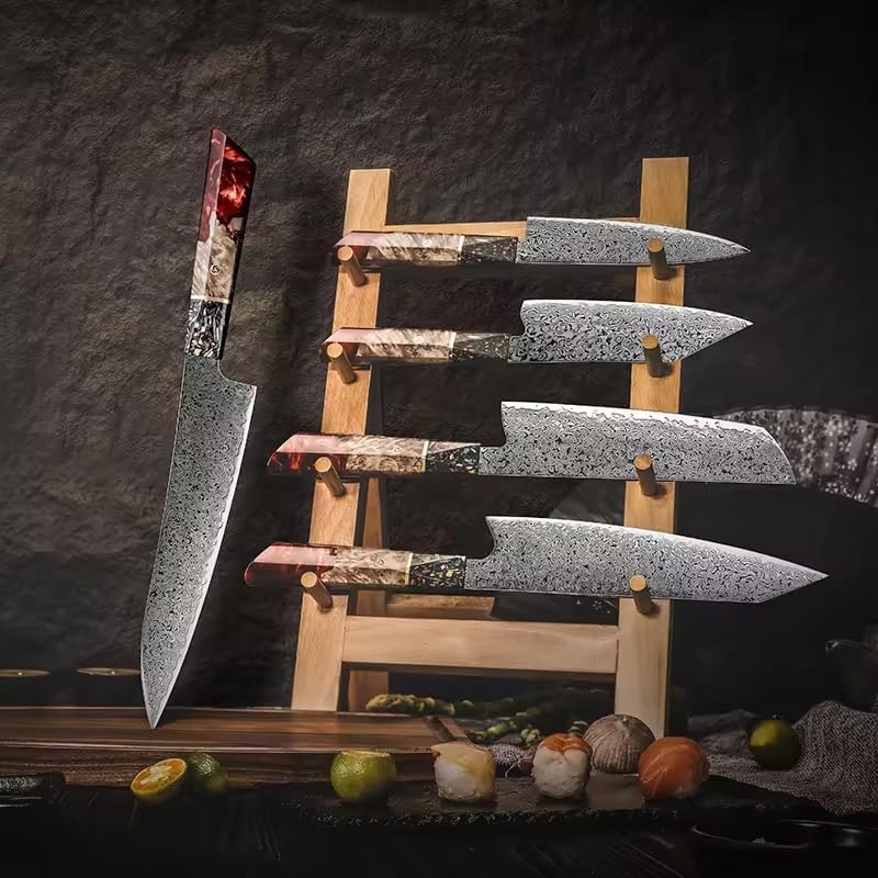 5 Piece Damascus Chef Knife Set, Japanese VG10 67-Layer Steel, Ergonomic Stabilized Wood & Red Resin Handle, L-Shaped Design for Home Restaurant Banquet-Z