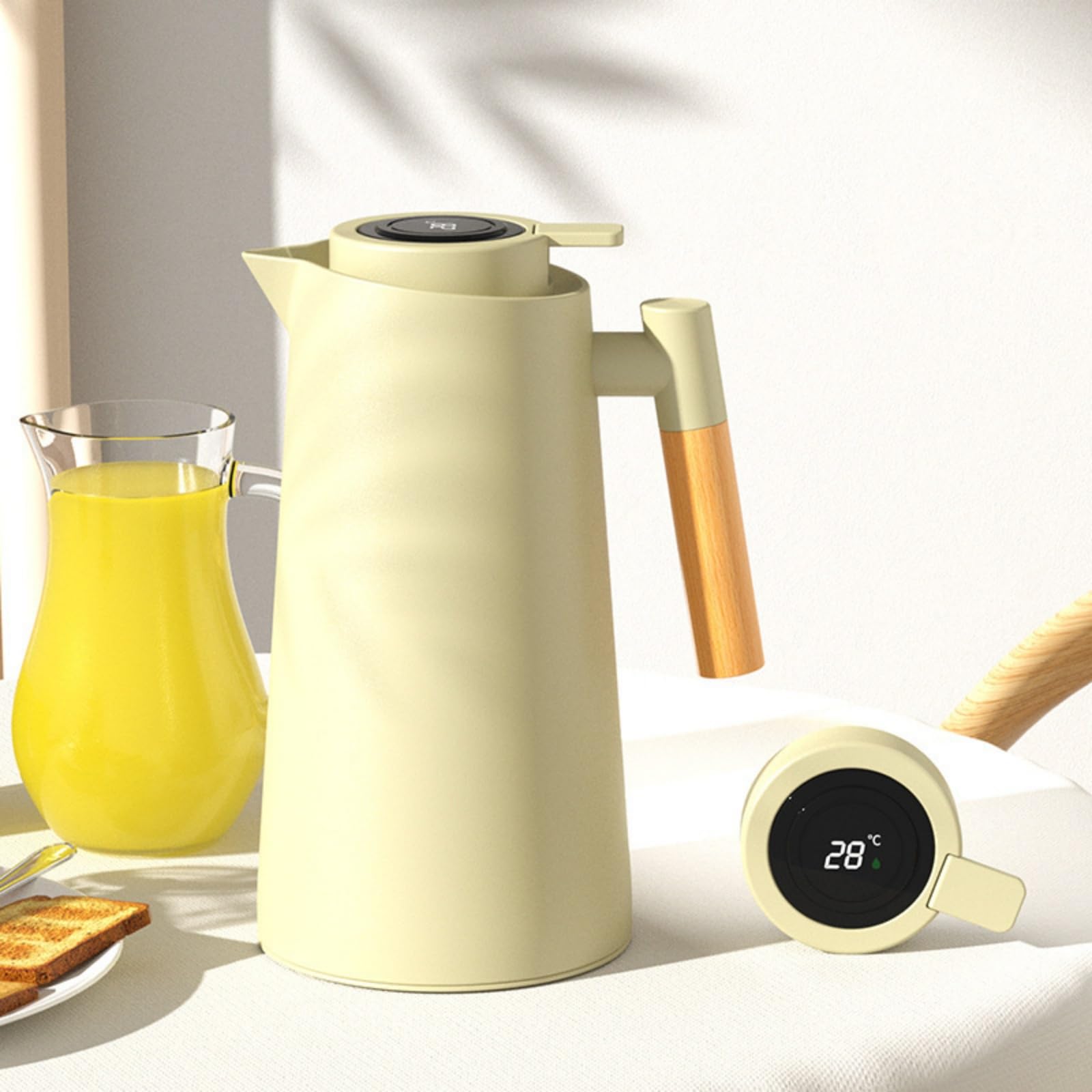 Thermokaraffe mit Temperaturanzeige, 1000 ml, Vakuum-Glaseinsatz, isolierter Wasserkrug, Wärmespeicherung, Press-Typ, Kaffeekaraffe mit Holzgriff, für Zuhause, Küche, Büro, Gelb